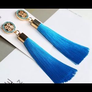 AQUA TEAL BLUE BOHO TASSEL CRYSTAL FRINGE DANGLE